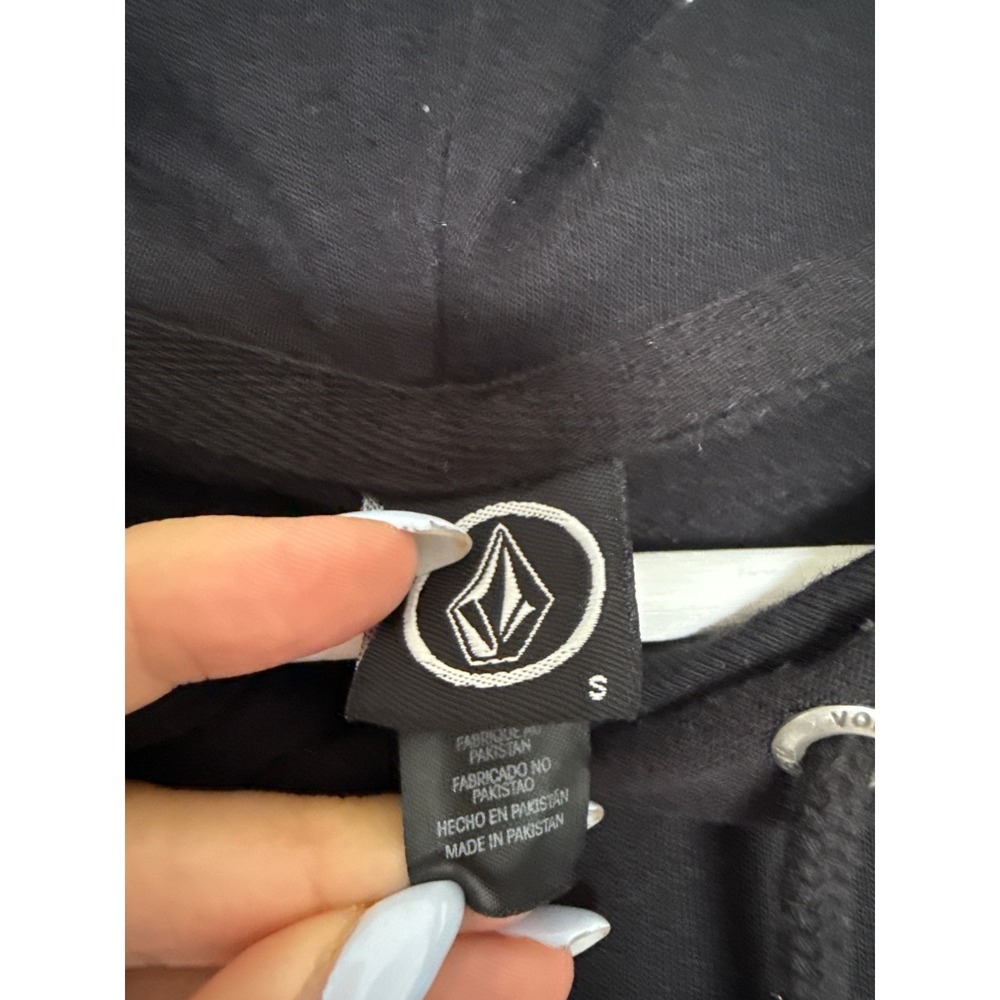 Volcom Mens Small Black Teal Logo Graphic Sleeve Pullover Hoodie Sweatshirt - Picture 2 of 7